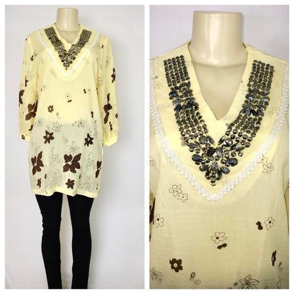 Yellow & Brown Floral Print Tunic Small - Picture 1 of 4
